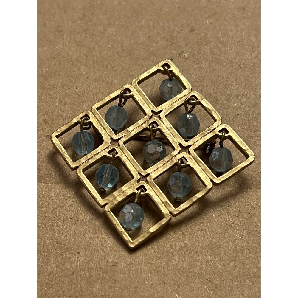Vintage Coro Gold Tone Geometric Grid Brooch Blue Faceted Dangle Beads Pin